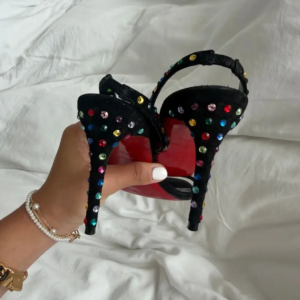 Christian Louboutin O Marylin 100 Black Polka Slingback Sandal Heel Pump 37.5